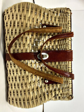 Vintage Hand Made Woven Tote Bag in Beige & Brown made in British Hong Kong